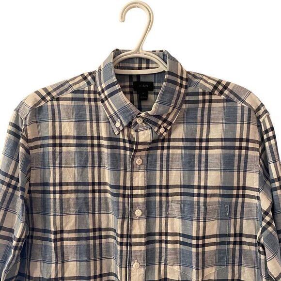 J. Crew Irish Linen Long Sleeve Blue Plaid Button Down Shirt - Picture 2 of 10